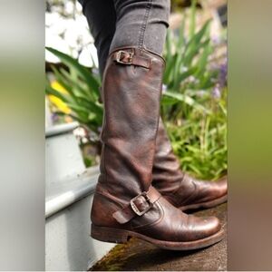 Frye Tall Veronica Slouch Boots Dark Brown Fall Knee High Booties Buckle Size 7
